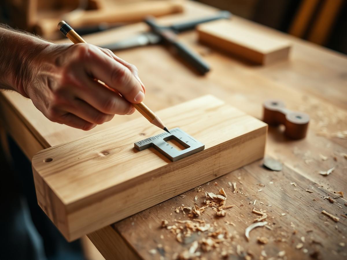 A carpenter marking out a length of solid oak with a pencil and square