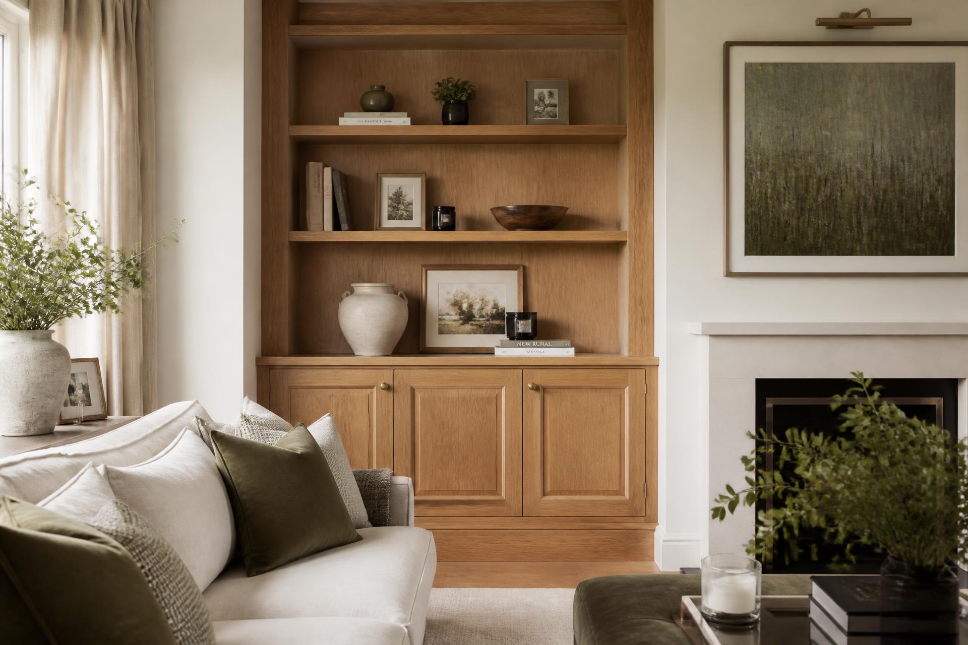Bespoke oak cabinetry and joinery in a calm, light-filled Essex living room