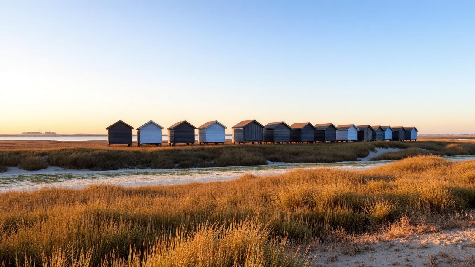 Beach huts along the shoreline at Mersea Island in warm evening light