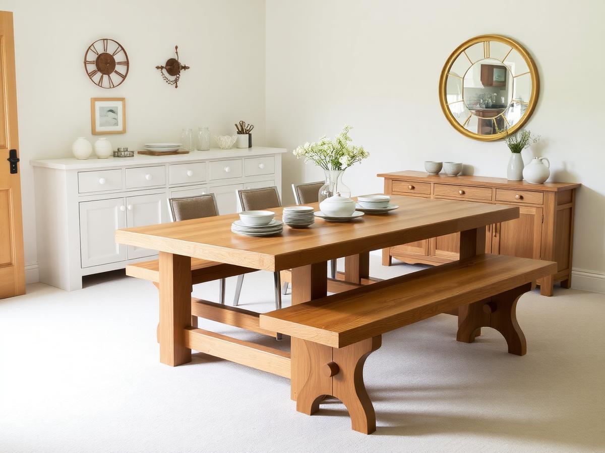 Solid oak dining table and matching bench made for a light, neutral dining room