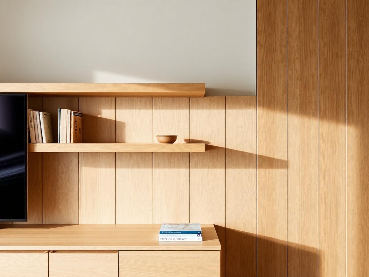 Handmade oak shelving and timber panelling fitted along a living room wall