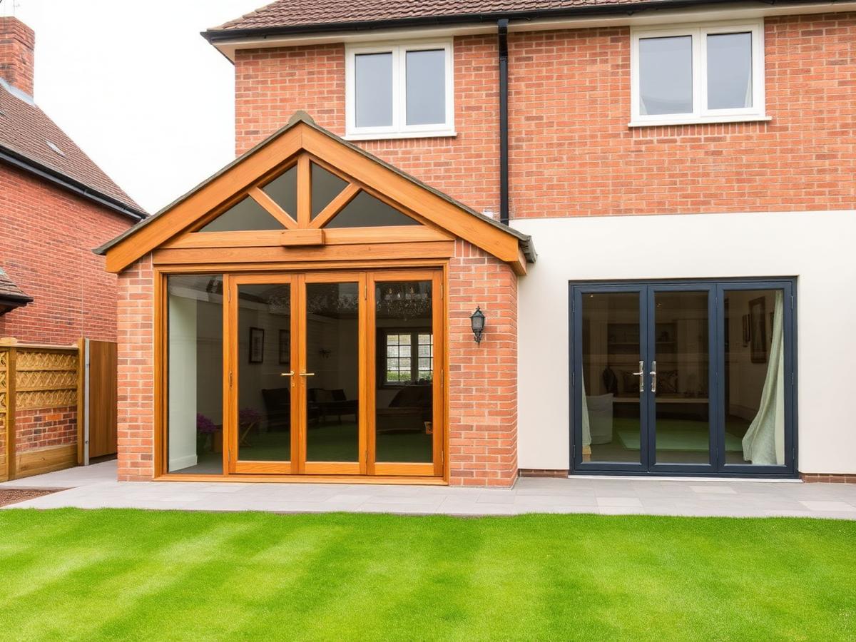 Single-storey rear extension with timber-framed glazed doors on a brick Essex house