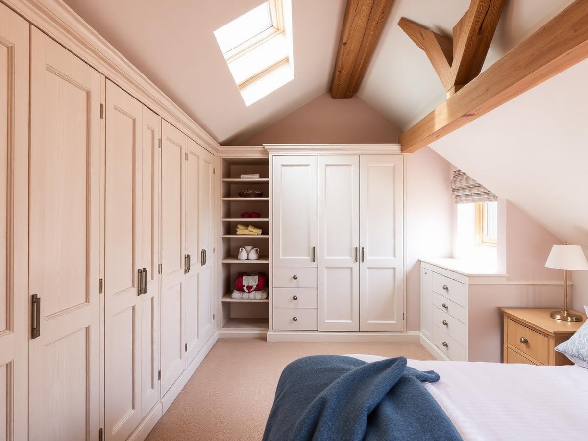 Floor-to-ceiling fitted wardrobes and under-eaves storage in a bedroom with a sloped ceiling