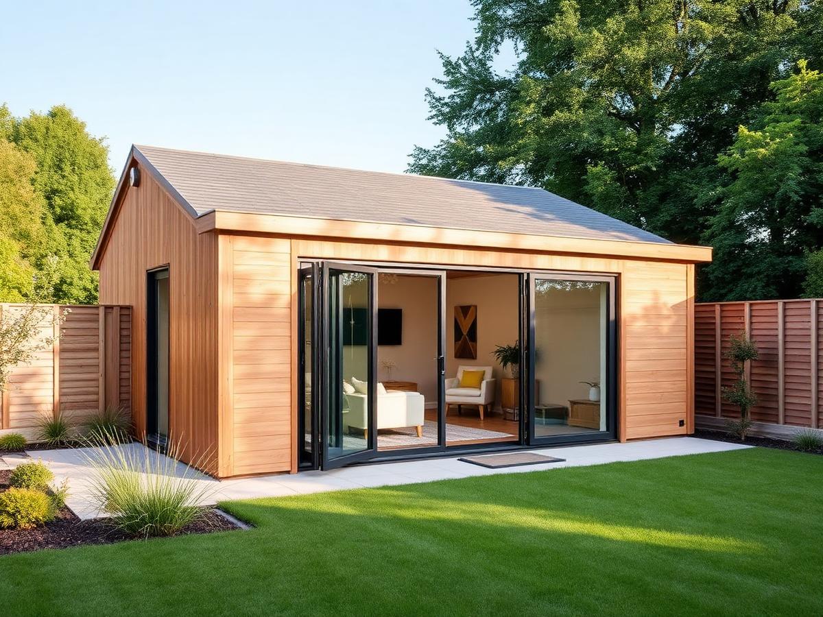 Cedar-clad garden room with wide glazed doors set on a paved base beside a lawn
