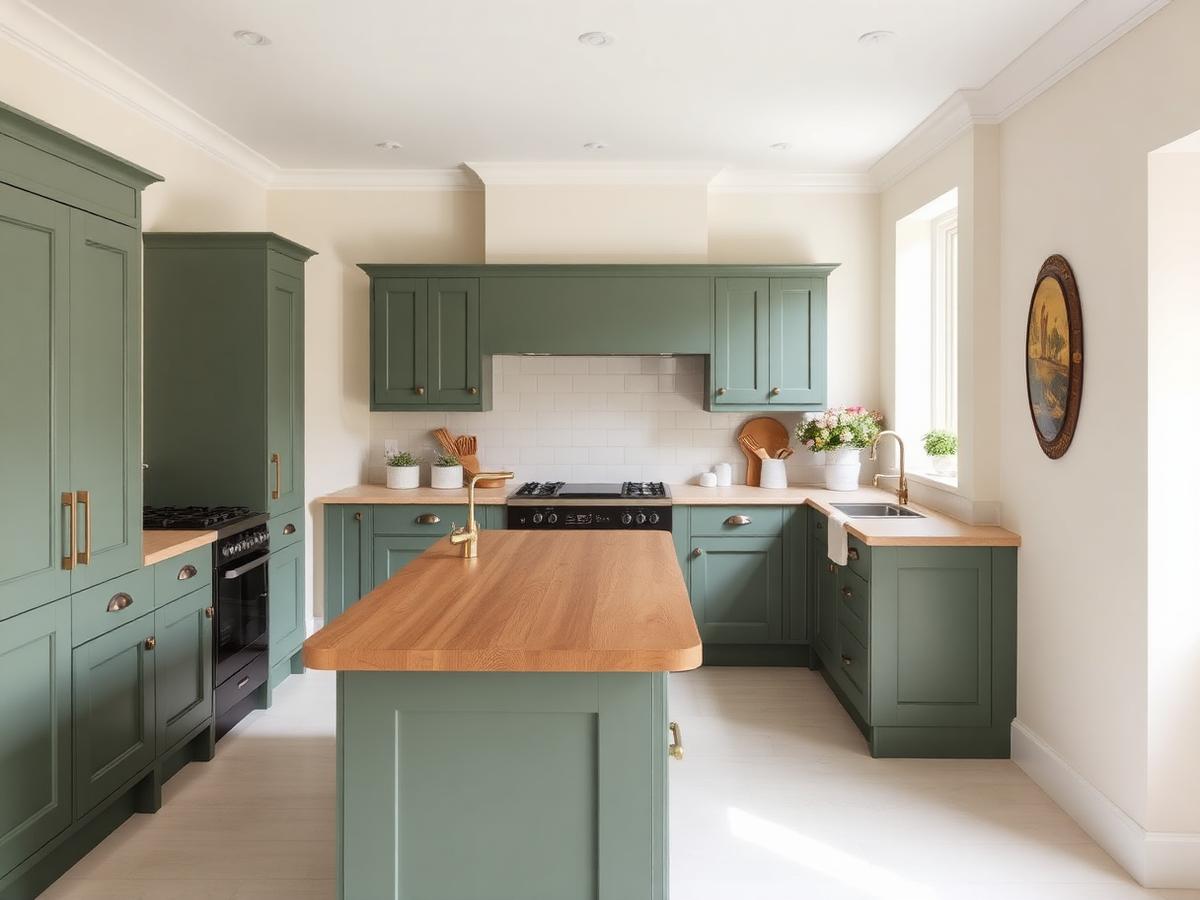 Muted green shaker kitchen with a solid oak worktop island in a bright Essex home