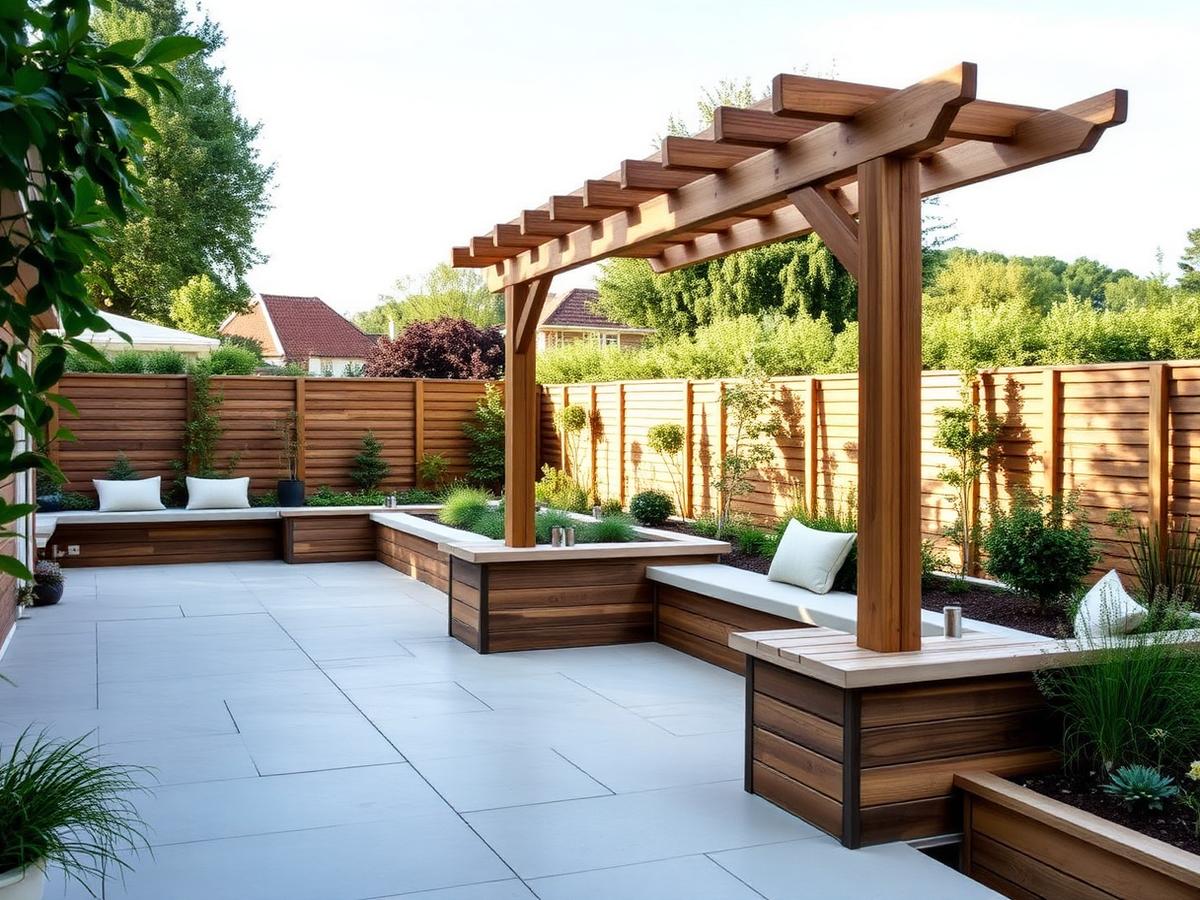 Porcelain paved patio with a timber pergola, built-in bench seating and raised planting beds