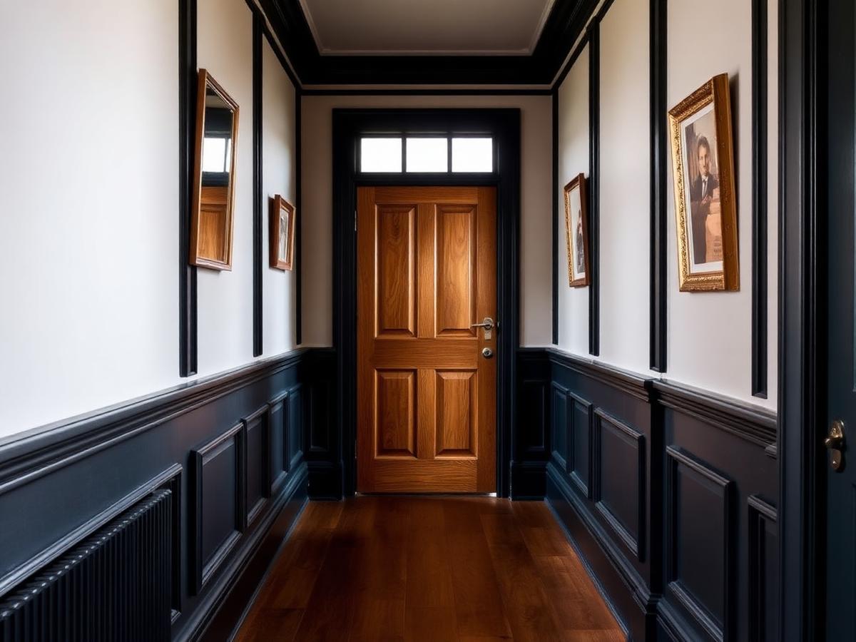 Renovated period hallway with a new oak internal door, painted panelling and charcoal skirting